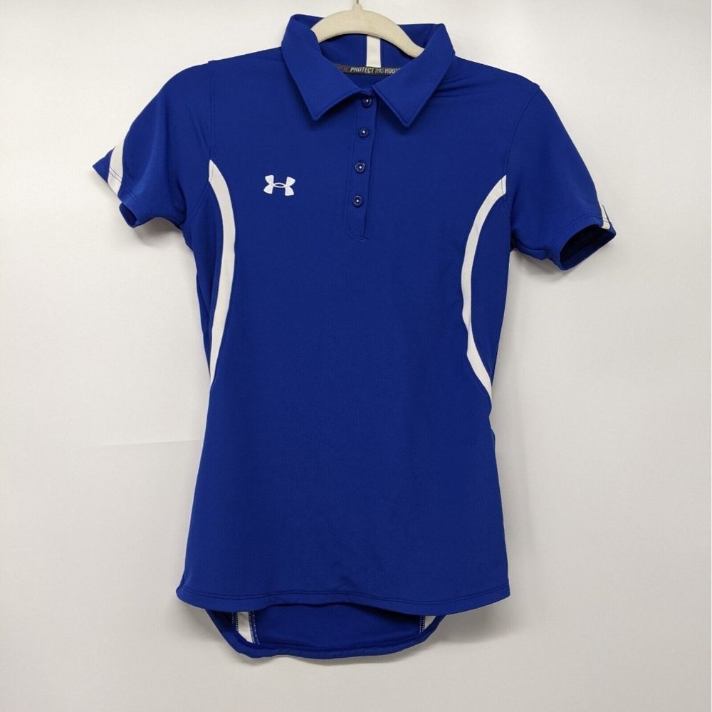Under Armour Polo Shirt Womens XS Heat Gear Blue White Protect This House Golf